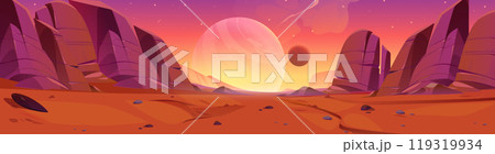 Red alien planet surface with rocky stones Red alien planet surface with rocky stones 119319934