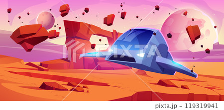 Dry wilderness landscape with spaceship on mars 119319941