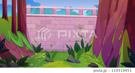 Brick wall and green plant on stone background 119319951
