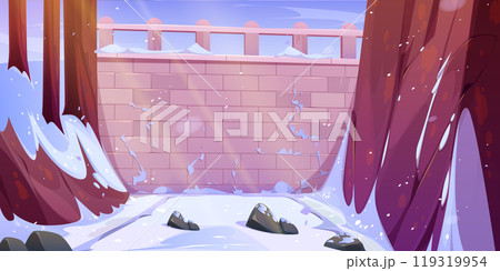 Brick wall or stone viaduct bridge, snowy winter 119319954