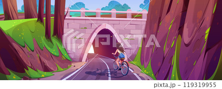 Girl ride bicycle on tunnel entrance road cartoon Girl ride bicycle on tunnel entrance road cartoon 119319955