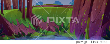 Rain in green forest with stone on hill vector 119319958