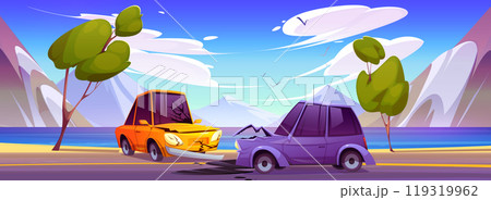 Car accident on road near mountain lake background Car accident on road near mountain lake background 119319962