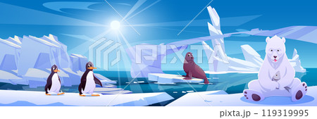 Bear on iceberg near penguin and seal landscape Bear on iceberg near penguin and seal landscape 119319995