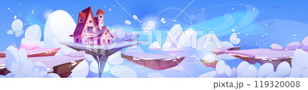 Cozy house floating on magic winter island in sky Cozy house floating on magic winter island in sky 119320008