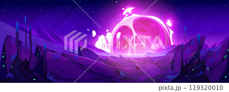 Alien planet cartoon landscape with pink meteor Alien planet cartoon landscape with pink meteor 119320010