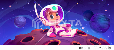 Cute astronaut kid lying on alien planet 119320016