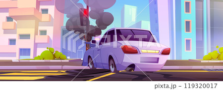 Car crash red traffic light pole on city street Car crash red traffic light pole on city street 119320017