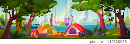 Outdoor camp with tent in forest near river vector 119320036