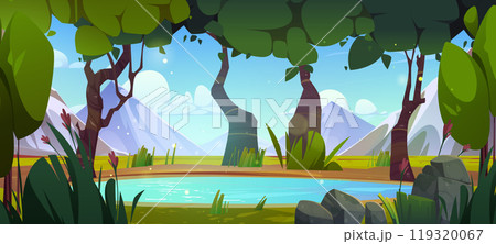 Clear blue lake in forest at foot of mountains Clear blue lake in forest at foot of mountains 119320067