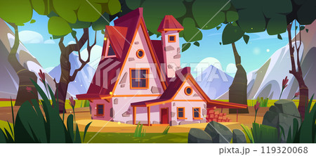 Old house in forest at foot of mountains 119320068