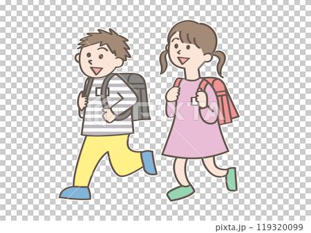 Elementary school students on their way to school 119320099