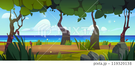 Cartoon river in forest summer vector landscape Cartoon river in forest summer vector landscape 119320138