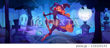 Scary graveyard background with witch on broom 119320141