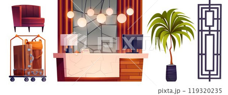Hotel reception and lobby interior isolated set 119320235