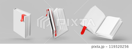 3d set of blank paper book mockup with white cover and red ribbon bookmark render. Isolated realistic icon of open and closed school textbook, diary or notebook with empty hardcover. 3D illustration 119320256