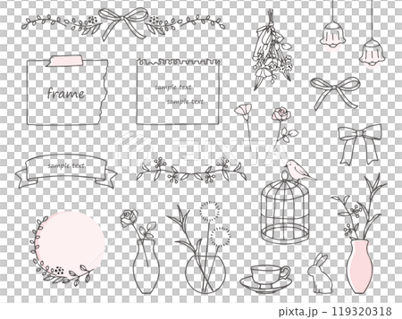 Hand-drawn cute plant and ribbon line drawing illustration set 119320318