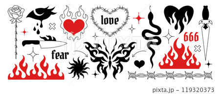 Y2k gothic tattoo stickers, neo tribal black and red ornaments in trendy emo style 119320373