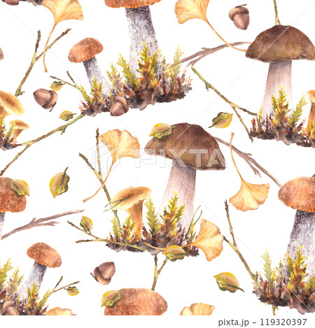 Mushrooms fall harvest seamless pattern. Boletus brown cap, Porcini, Chanterelle with moos and yellow, green leaves. Forest Autumn fabric. Watercolor hand drawn illustration isolated from background 119320397