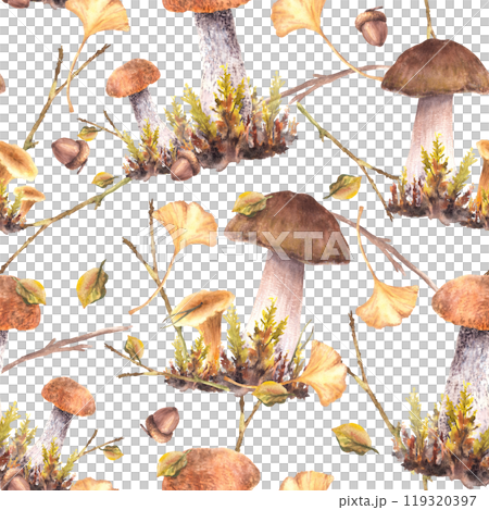 Mushrooms fall harvest seamless pattern. Boletus brown cap, Porcini, Chanterelle with moos and yellow, green leaves. Forest Autumn fabric. Watercolor hand drawn illustration isolated from background 119320397