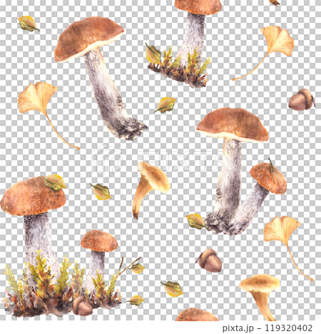 Mushrooms fall seamless pattern. Boletus orange cap with Chanterelle, moos, yellow green leaves and brown acorn. Fir branch, needles Watercolor hand drawn pattern illustration isolated from background 119320402