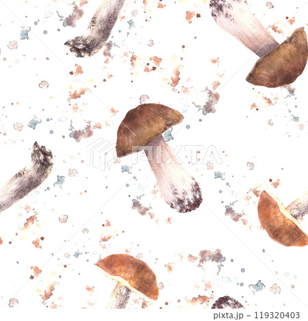 Mushrooms seamless pattern. Edible sorts of fungi on watercolor splashes stains background. Hand drawn illustration. Porcini, Boletus with red, orange and brown cap. Fall design. Isolated clipart 119320403