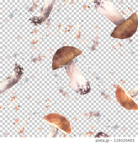 Mushrooms seamless pattern. Edible sorts of fungi on watercolor splashes stains background. Hand drawn illustration. Porcini, Boletus with red, orange and brown cap. Fall design. Isolated clipart 119320403