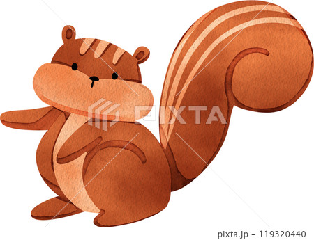 A playful squirrel is standing with its right arm raised, waiting for food, hand-drawn watercolor illustration 119320440