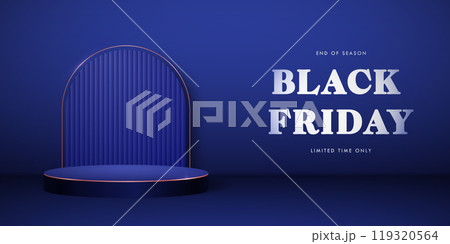 Blue stage with Black Friday text, end-of-season concept, limite 119320564