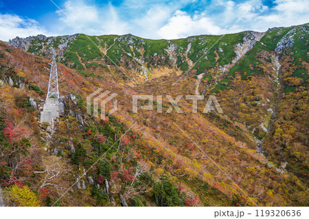 【長野県】中央アルプス駒ケ岳ロープウェイから眺める斜面の紅葉 119320636