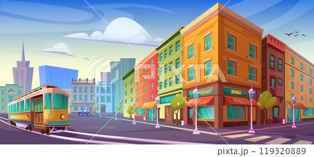 Sunny city street cartoon vector shop building Sunny city street cartoon vector shop building 119320889