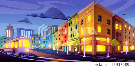 Night city street cartoon vector shop building 119320890