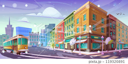 Winter city street with retro tram 119320891
