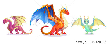 Cute fantasy dragons, fairytale magic animals 119320893