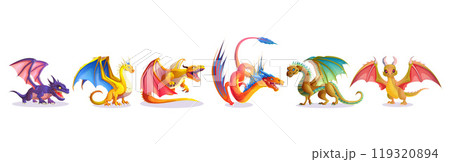 Cartoon set of fantasy dragons on white background Cartoon set of fantasy dragons on white background 119320894