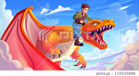 Elf character flying on dragon in sky Elf character flying on dragon in sky 119320896