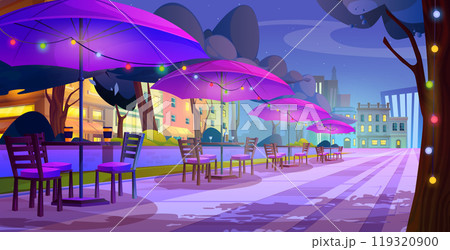 Night outdoor street cafe or restaurant table area Night outdoor street cafe or restaurant table area 119320900