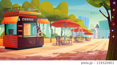 Cafe stall, tables under umbrellas on park alley 119320901