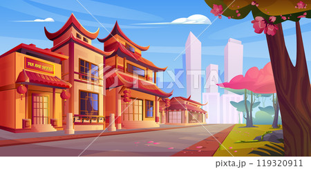 Chinese street with restaurant building in town Chinese street with restaurant building in town 119320911