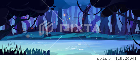 Night forest river with golden fireflies in air 119320941