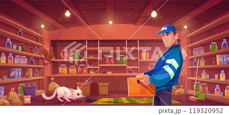 Cat and man in home larder holding box vector room 119320952
