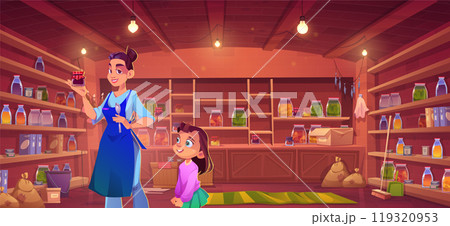 Larder interior with woman and daughter cartoon 119320953