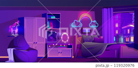 Night teen bedroom with neon light illustration Night teen bedroom with neon light illustration 119320976
