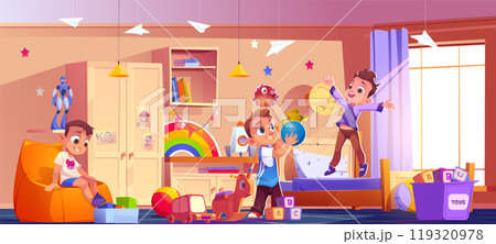 Kid bedroom interior with boys character vector 119320978