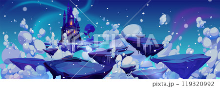 Frozen magic princess castle with snow in winter Frozen magic princess castle with snow in winter 119320992