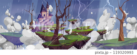 Cartoon rain game background with fantasy castle 119320993