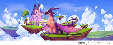 Fantasy castle and magic dragon on islands in sky Fantasy castle and magic dragon on islands in sky 119320995