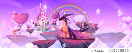 Fantasy castle on floating island and magic dragon Fantasy castle on floating island and magic dragon 119320996