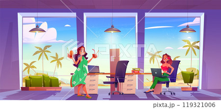 Woman in tropic work office room near sea beach Woman in tropic work office room near sea beach 119321006