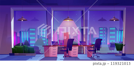 Night office room interior with workplace cartoon 119321013